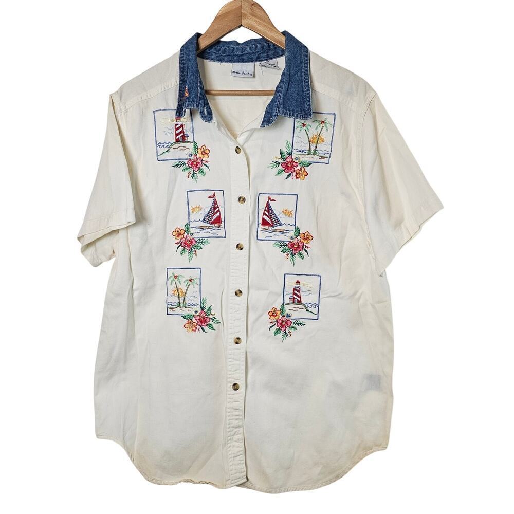 Vintage Denim Blouse Womens XL White Floral Nautical Cottage Preppy 90s Granny